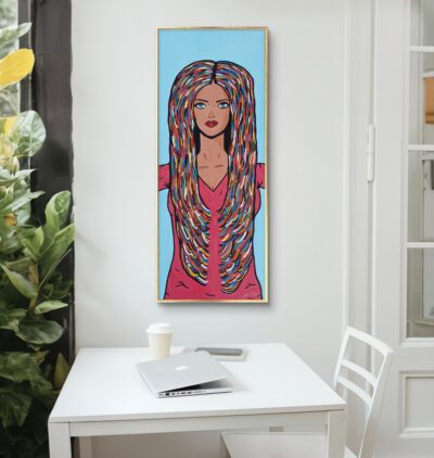 Abstraktes Pop-Art-Acrylbild mit dem Porträt einer Frau mit langem Haar von Manuel Lächner.