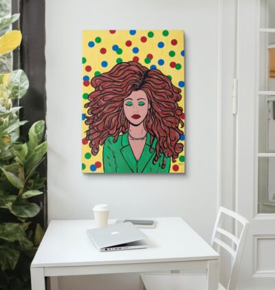 Handgemaltes Pop-Art-Acrylbild einer Frau mit braunen Haaren im Business-Anzug von Manuel Lächner.