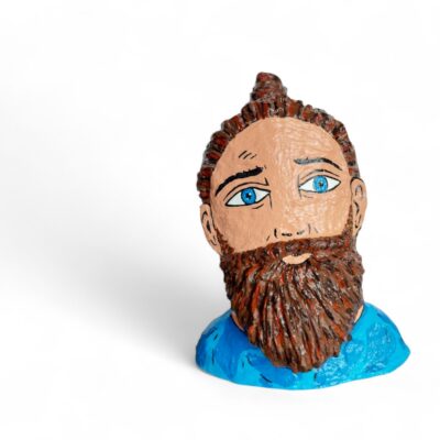 Farbenfrohe Pop-Art-Büste eines Mannes mit markantem Bart, handgefertigte Skulptur von Manuel Lächner.